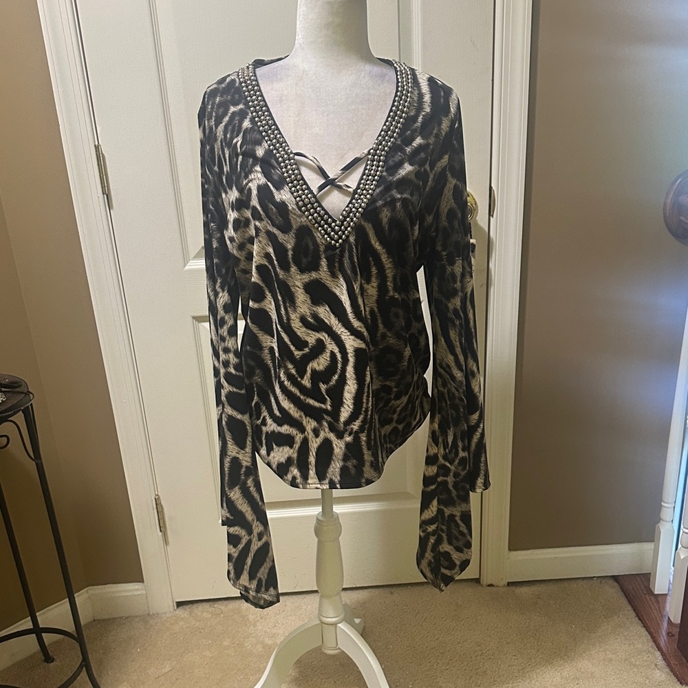 VENUS Black and Tan Animal Print Top